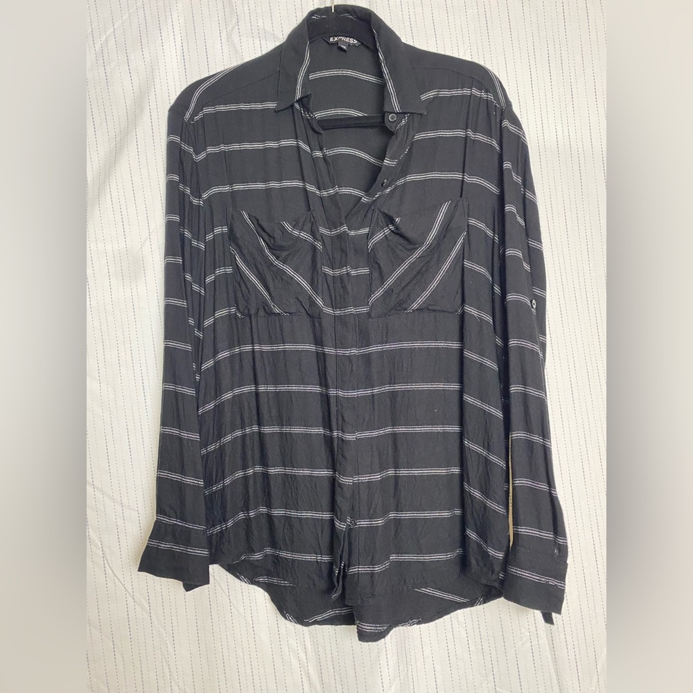 Express black lightweight button down with white stripes XS